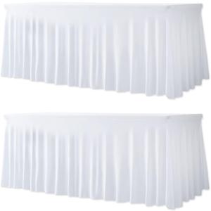 Your Magic Moment Spandex Table Skirts 2 PC Set White for Rectangle Tables 6ft 2 Fitted Table Covers for 6 Foot Tables Elastic Tablecloth for Birthday Party, Events, Banquette Baby Shower
