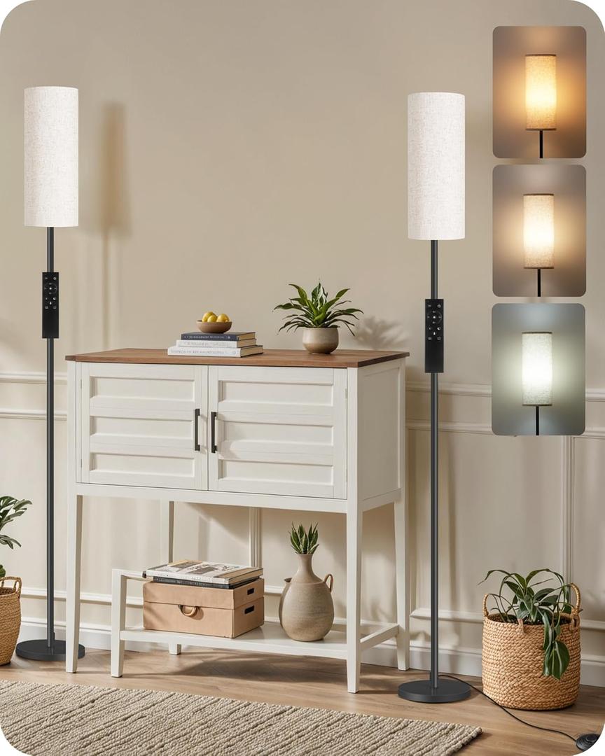Set of 2 Dimmable Floor Lamps for Living Room with 2 Remotes and Foot Switch, 64.4Modern Standing Tall Lamp, Corner Lamp for Bedroom, Bulb Included, 3000K-6500K, Beige Shade E06LDP205W1