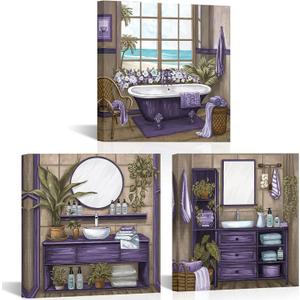 Conipit Purple Bathroom Pictures Wall Decor Bathroom Accessories Paintings Bathtub Canvas Wall Art Framed 12''x12''x3pcs (purple)
