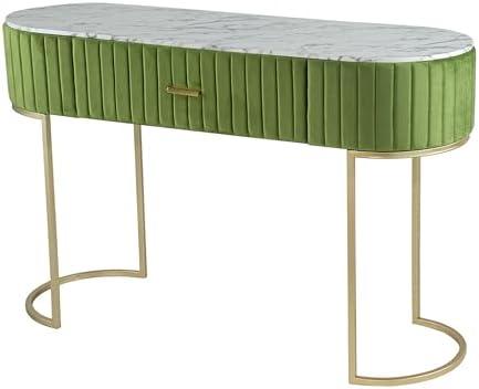 Benjara Jeah 47 Inch Console Table, 1 Drawer, Curved Iron Base, Fabric, Green, Gold and White