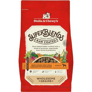 Stella & Chewy's SuperBlends Raw Coated Wholesome Grains Grass-Fed Beef, Beef Liver & Lamb Recipe with Superfoods, 3.5 lb. Bag, Best By 08/20/28