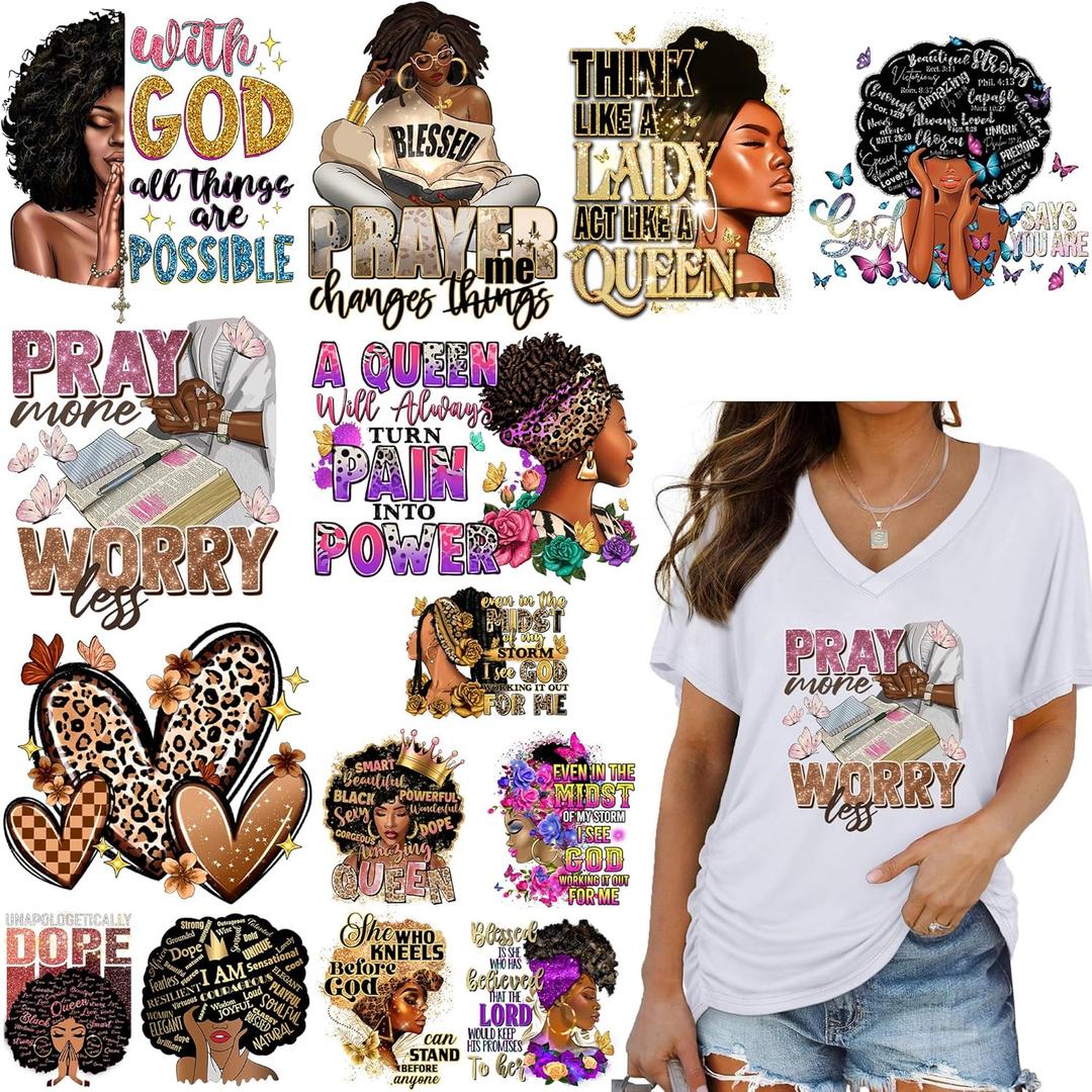 14 Sheets Iron On Transfer Vinyl Sticker Heat Press Decals for T Shirt Design Washable Black Woman Heat Transfers Patches for Jean Jackets Ready to Press DIY Decoration Applique