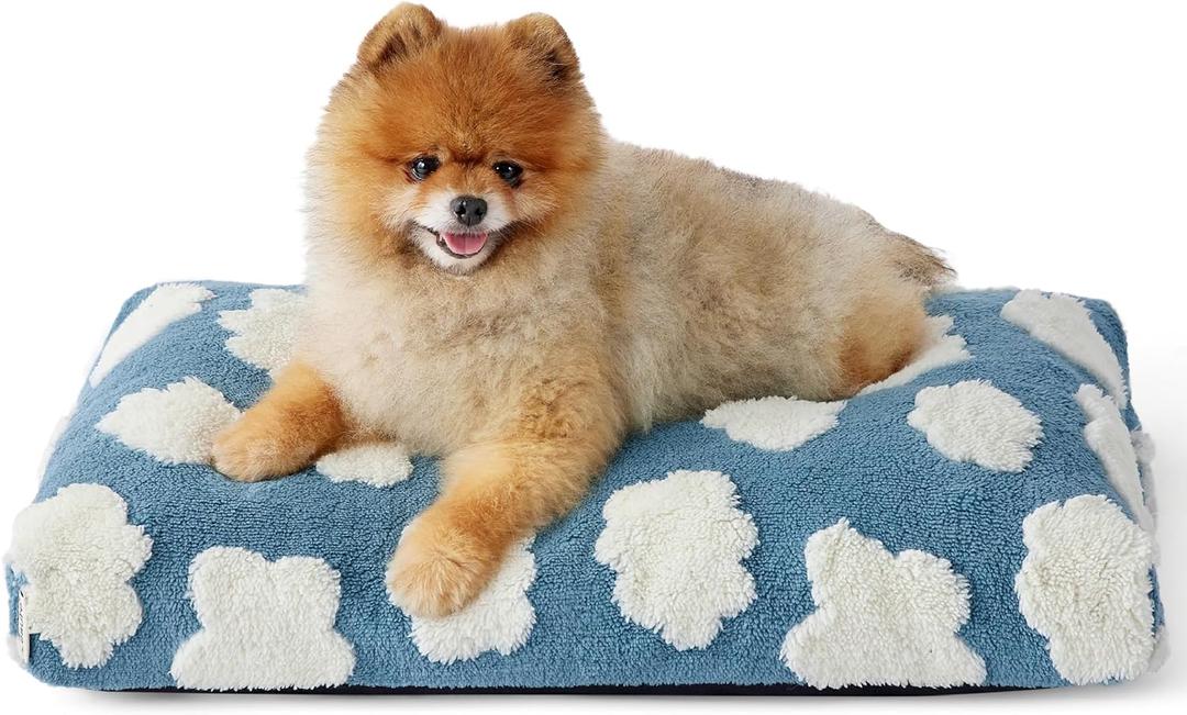 Lesure Cute Small Dog Bed-Thick Shredded Chopped Foam Pet Puppy Bed Indoor with Removable Washable Cover, Modern Fuzzy Plush & Anti Slip Bottom, Blue (24.0"L x 16.0"W x 2.5"Th)