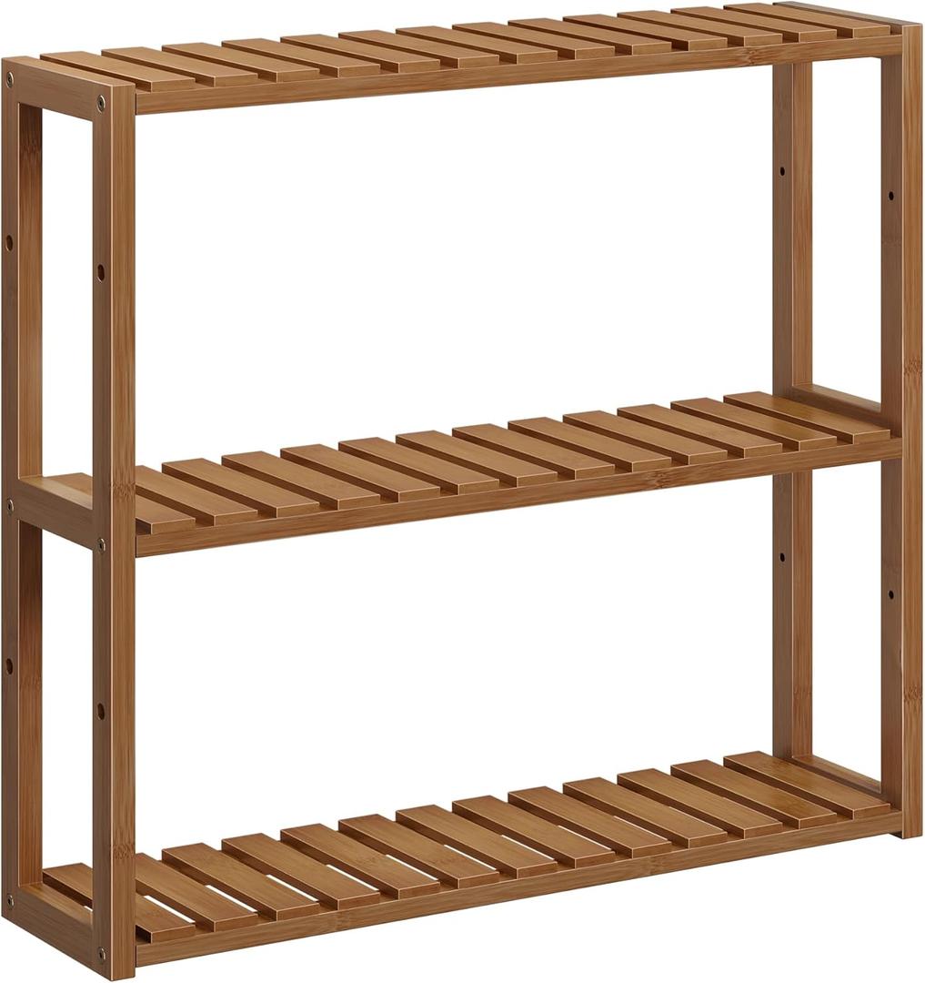 SONGMICS Bamboo Bathroom Shelf, 3-Tier Adjustable Plants Rack, Wall-Mounted or Stand, in The Living Room, Balcony, Kitchen, 5.9 x 23.6 x 21.3 Inches, Coffee Brown UBCB013K01