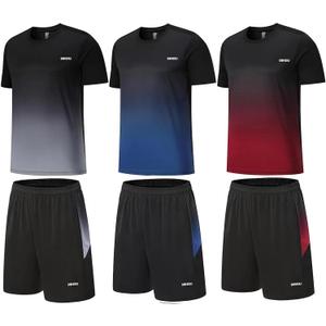 Men's Workout Sets Athletic Clothes Soccer Shirts Shorts 3 Pack Basketball Running Gym Football Outfits Summer (Grey-blue-red)