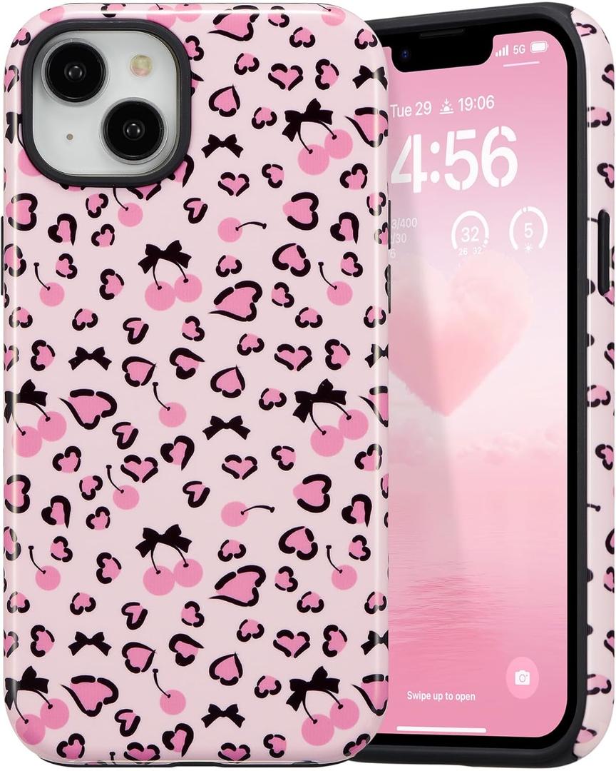 DEFBSC Case for iPhone 13/iPhone 14, Cute Pink Bow Cherry Print Aesthetic Trendy Pattern for Women Girls Slim Durable Bumper Shockproof for iPhone 13/iPhone 14 Case, Tiny/Glossy
