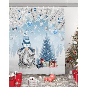 Christmas Gnome Shower Curtains for Bathroom, Christmas Tree Shower Curtain Set with Hooks Blue Snowy Waterproof Fabric Bathroom Curtains for Showers Bathtubs Winter Holiday Bath Decoration 72x72inch