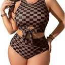 Verdusa Women's Plus Size Plaid Checkered Bikini Set Cut Out Bow Tie High Waisted Swimsuits 4XL