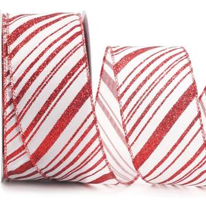 ALTIER 2.5 Inch x 40 Yards White Satin Red Glitter Stripes Wired Ribbon for Christmas Home Decoration Gift Wrapping Bow Making Wreath DIY Crafts