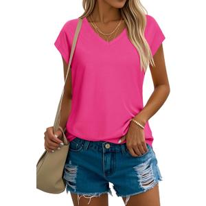 YUCOLEN Women's Cap Short Sleeve Tunic Tops V Neck Cotton T-Shirts UPF50+ Soft Breathable Summer Basic Tee (Pink, S)