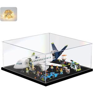 Thickened Clear Acrylic Display Case for Lego 60367 Passenger Airplane Collectibles, Transparent Box Large Dustproof Protection with Wood-Plastic Base & String Light, Black Inside 19.7x19.7x9.8 inch