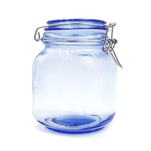 Blue Glass Airtight Coffee Canister 32oz (1000ml), Airtight Coffee Container & Airtight Canister for Kitchen Storage, Glass Flour Container & Flour Jar, Fermentation Jar and Kimchi Containers