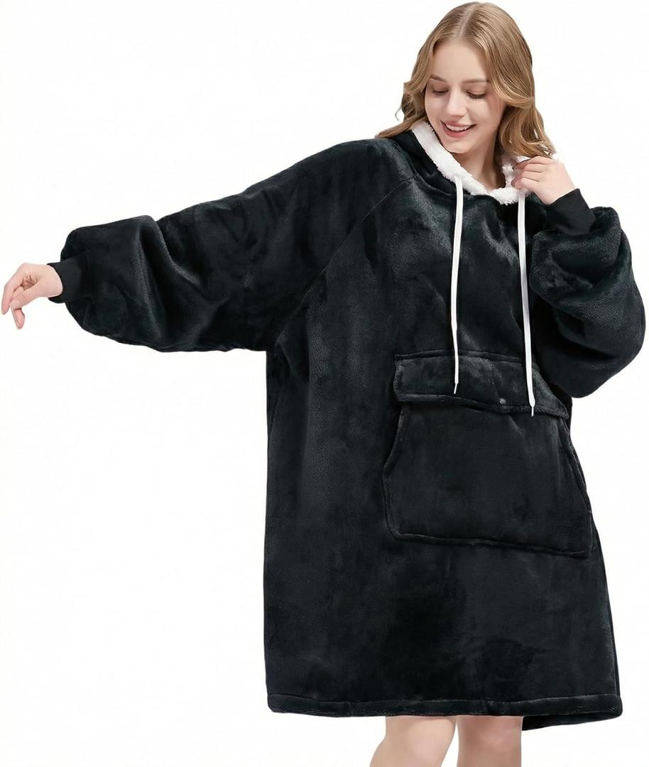 Qeils Wearable Blanket Hoodie for Women, Comfy Sherpa Sweatshirt Blanket as Birthday Christmas Gifts, Oversized Pullover Jacket Blanket Hoodie for Adult (Carbon Black​, Size Adult)