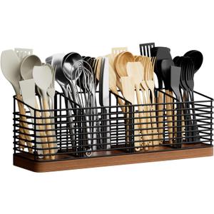 Large Utensil Holder for Kitchen Counter with 4 Compartments, Matte Black Metal Holder with Wooden Base Cooking Utensil Organizer for Spatula Utensil Crock Caddy