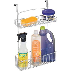 mDesign Over Cabinet Kitchen Storage Unit - Practical Organiser with Stainless Steel Storage Baskets - Hanging Cupboard Organiser for Cleaning Supplies and Cookware - Chrome