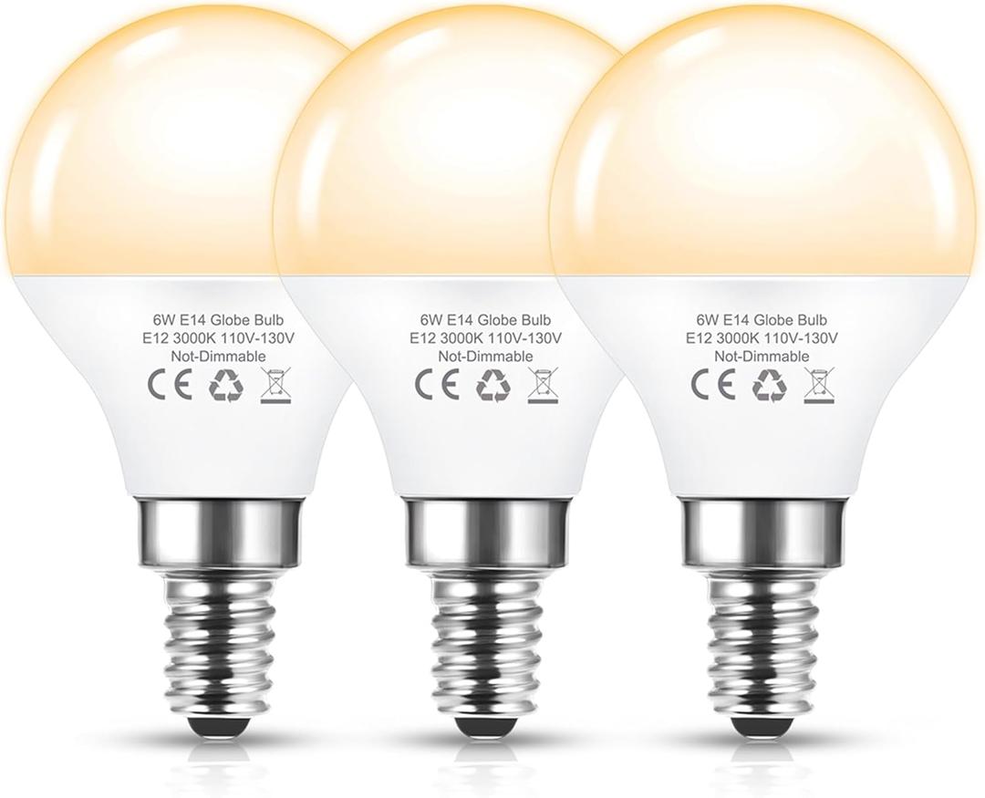Flaspar G45 Ceiling Fan Light Bulbs, 60W Equivalent 6W E12 LED Candelabra Base Bulbs Small Bulb, Warm White 3000K, A15 Globe Shape Bulb 600LM, Non-Dimmable, 3 Pack
