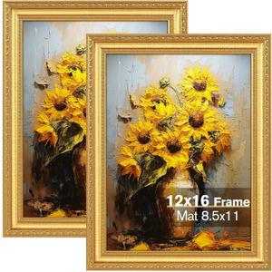 Splinterix 12x16 Gold Picture Frames Set of 2, Ornate Vintage 12 x 16 Photo Frames for Wall Decor or Tabletop Display, 16x12 Gold Frames with Real Glass, Display 8.5x11 Pictures with Mat or 12x16 without Mat for Antique Dco