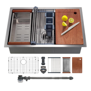 27 Inch Undermount Kitchen Sink with Quiet Drain - 11 Gauge Stainless Steel, Single Bowl - Multifunctional Handmade Modern Integrated Ledge Workstation Set 