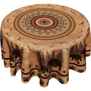 Giwawa Rustic Bear Round Tablecloth 60 Inch Vintage Wildlife Animal Paw Circle Table Cover Boho Ethnic Country Style Stain Resistant Table Cloth for Kitchen Dining Picnic Party Decor