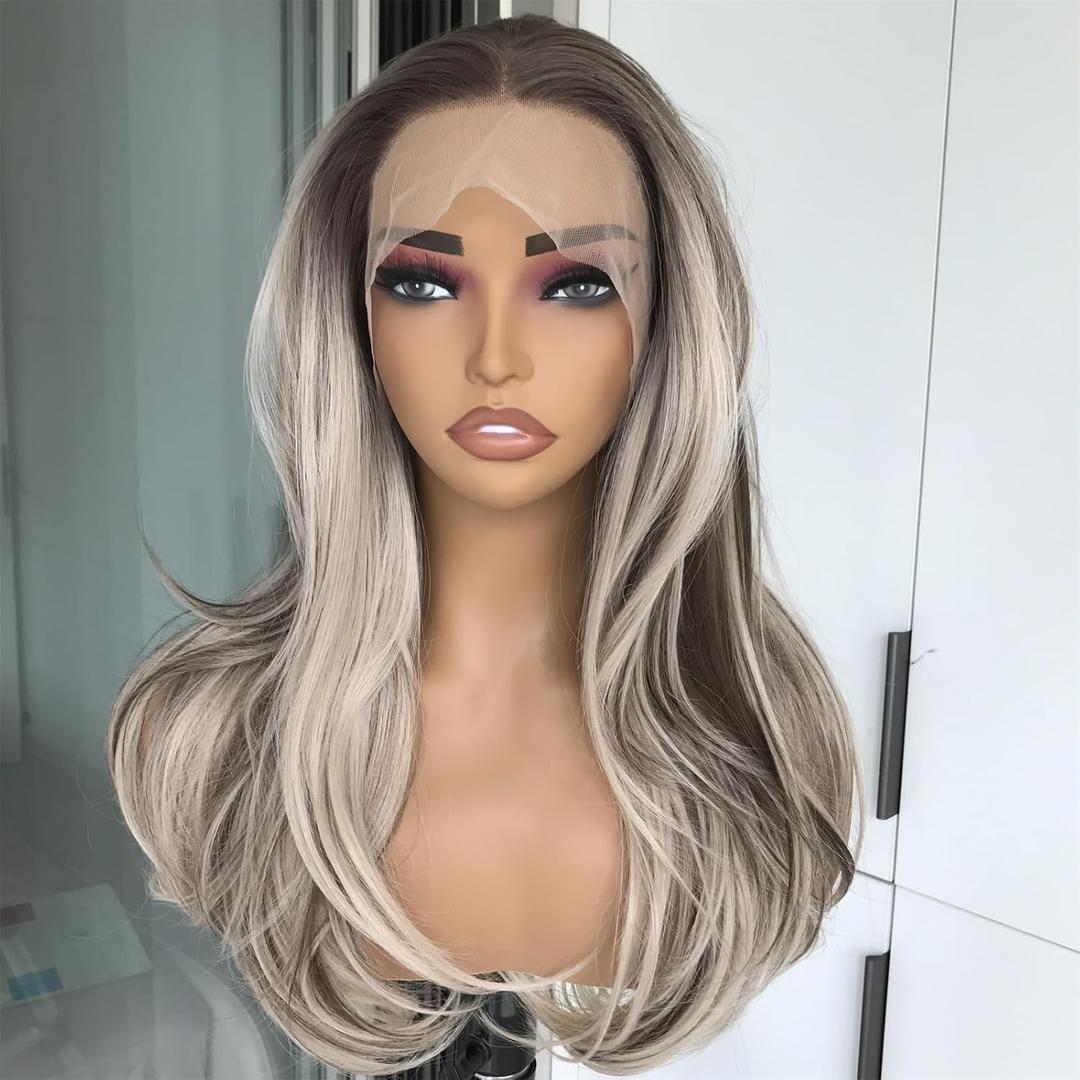 Highlight Blonde Lace Front Wig 13x4 Natural Straight Wave Synthetic Lace Wigs for Women Ash Platinum Blonde Balayage 150% Density Pre plucked Hairline Party Dairly Use Medium Length 20inches (Ash Blonde with Light Brown Lowlights)