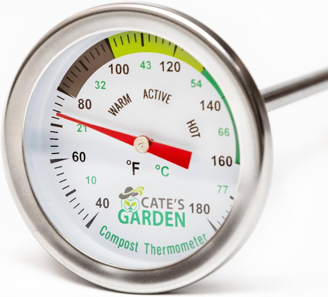 Compost Thermometer - Cate's Garden Premium Stainless Steel Bimetal Thermometer for Backyard Composting - 2 Inch Diameter Fahrenheit/Celsius Dial, 20 Inch Temperature Probe
