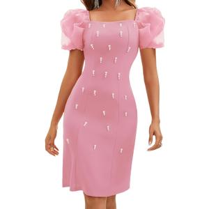 LALACAT Women's Summer Formal Dresses Bodycon Square Neck Puff Short Sleeve Slit Wedding Guest Mini Dress(D2413-Pink Short-M)