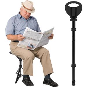 Cane with Seat Portable Walking Stick Folding Chair Lightweight Aluminum Mobility Aid Crutch Chair Height Adjustable with Carry Bag for Seniors Elderly Handicap Waiting/Queuing/Fishing (Black)