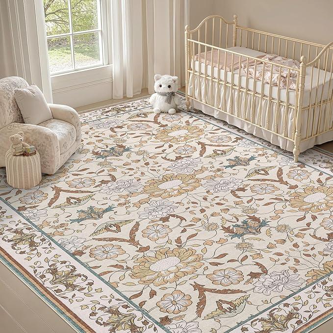 Nursery Rug 8'x10' for Kids & Girls - Washable Vintage Large Floral Area Rugs - Ultra Thin Stain Resistant Non Slip Carpets for Kids Playroom, Living Room, Bedroom, Dining Room, Office - Floral