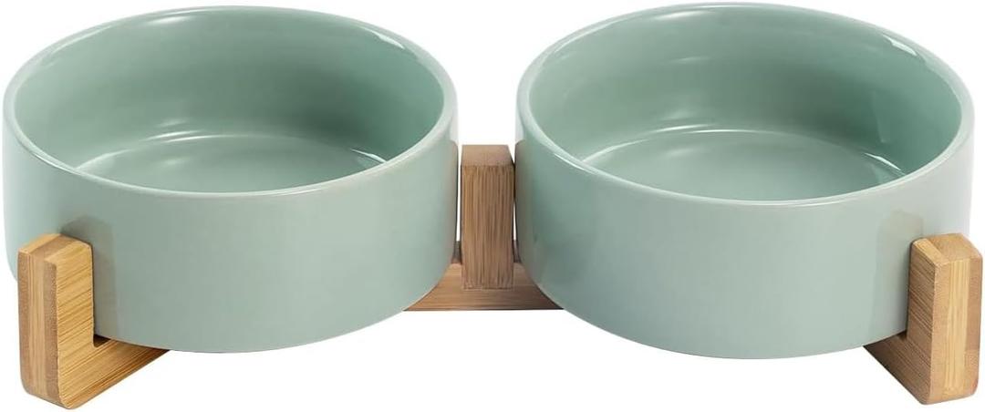 SPUNKYJUNKY Ceramic Dog and Cat Bowl Set with Wooden Stand, Modern Cute Weighted Food Water Set for Small Size Dogs (13.5OZ) & Medium Sized Dogs (28.7OZ) & Cats (1.7 Cups, 2  Light Green)