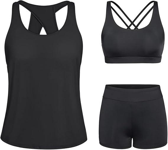 Tempt Me 3 Piece Tankini Swimsuits for Women Athletic Bathing Suits Swim Tank Top with Boy Shorts and Bra Modest Swimwear (Large, Blue Green)