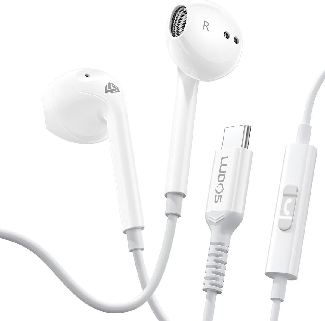 LUDOS Zenith USB C Headphones for iPhone 17 16 15 Pro Max Plus Air iPad Pro Air, USB-C Earbuds for Samsung Galaxy S24 S23 Ultra S22 S21 S20 A55 A54 A53, USB Type C Earphones - White