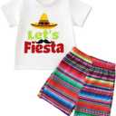 Noubeau Toddler Baby Girl Boy Cinco De Mayo Outfit Let's Fiesta Short Sleeve T-Shirt Short Set Mexican Outfits