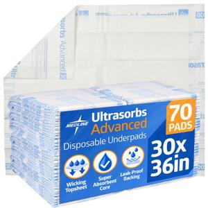 Medline Advanced Ultrasorbs Drypads, 30" x 36", 70 Count, Large Disposable Bed Pads, Incontinence Bed Pads, Super Absorbent Chucks For Adults, Elderly, 300 lb Weight Capacity