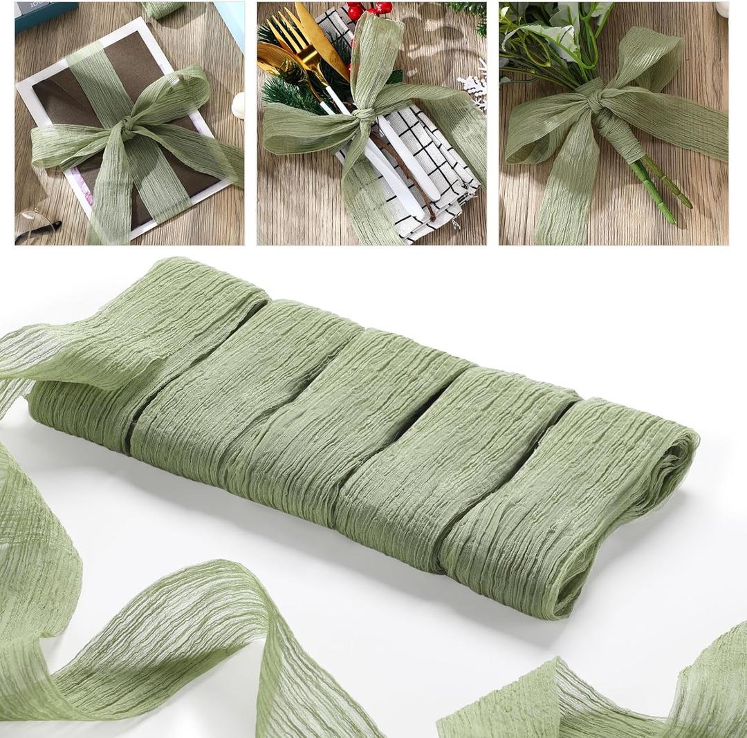 Waydress 5 Roll Sage Green Ribbon 15 yd 1-1/2 Inch Crinkle Chiffon Ribbon Handmade Tulle Fabric Silk for Christmas Decoration, Gift Wrapping, Wedding Invitations, Bridal Bouquets Wrapping