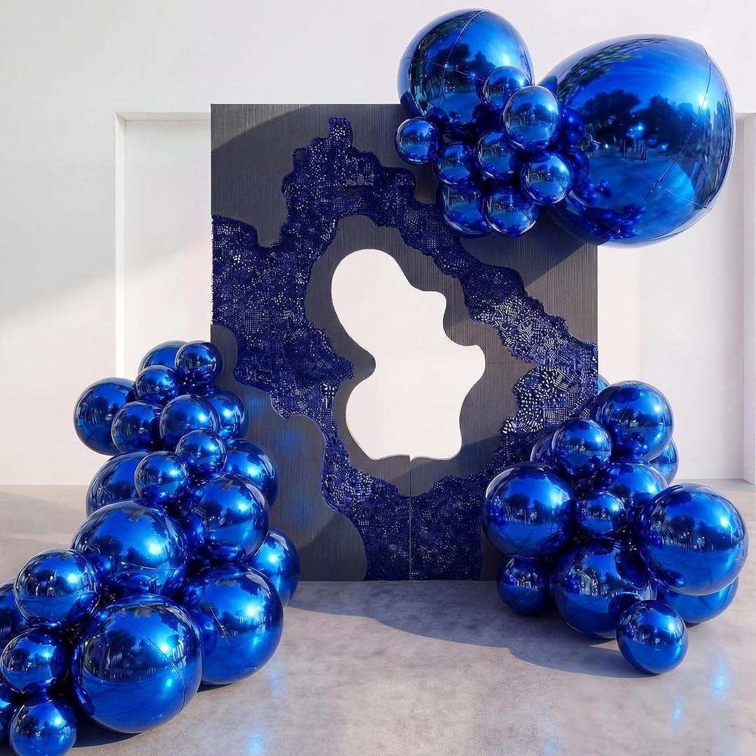 Hollowfly 24 Pcs Round Foil Balloon Set, 50" 32" 22" 15" 4d Helium Ball Balloon, Metallic Foil Balloons for Graduation Party Birthday Wedding Anniversary Disco Prom Party Decor(Blue)