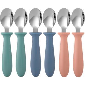 Pimoys 6-Pack Stainless Steel Toddler Spoons Baby & Kids Utensils for Self-Feeding Plastic Handle Dishwasher Safe