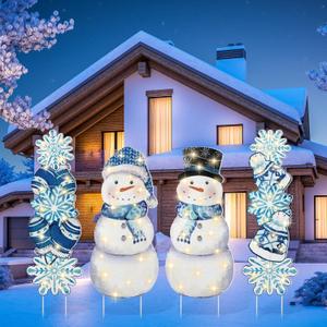 Bencailor 4 Pcs Winter Outdoor Decorations Snowman Snowflake Yard Signs with Stakes Christmas Garden Signs with LED Light Xmas Holiday Large Yard Decor for Home Lawn Party Favor Supplies(Winter Style)