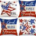GEEORY 4th of July Pillow Covers 20x20 Inch Set of 4, Patriotic Stars Faith Family Freedom God Bless America Striped Farmhouse Decorative Throw Pillowcases for Home Sofa Couch Decoration G526-20