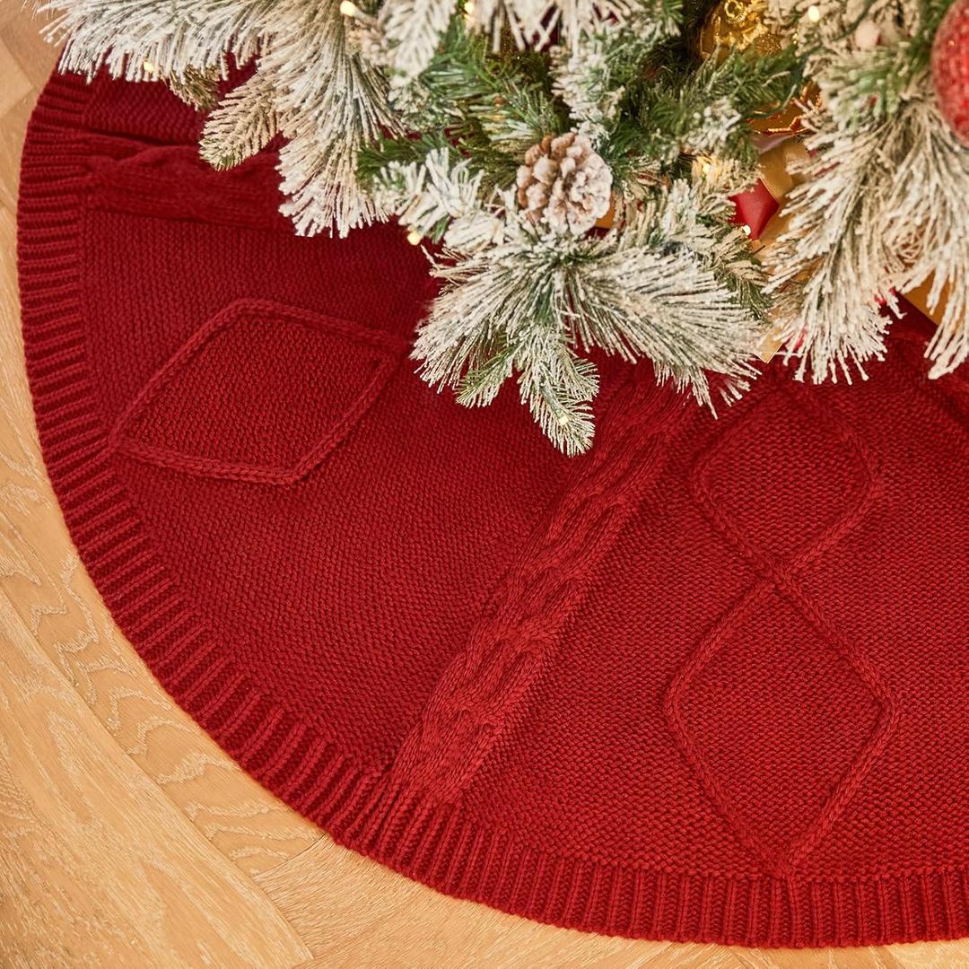 36 inch red Knitted Christmas Tree Skirt: Small Thick Cable Knit Round Tree Skirt for 4ft 5ft Tree Rustic Neutral Farmhouse Neutral Christmas Decor Tree Base Cover Xmas Home Decorations