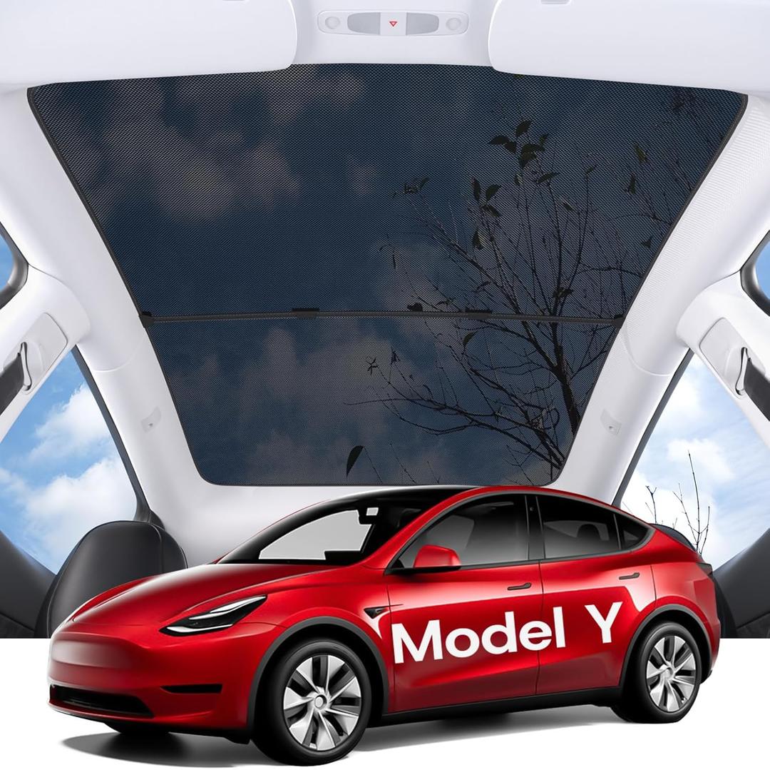 Sunshade Roof for Tesla Model Y Accessories [No Sag & No Gap] Top Glass Roof Shade for Tesla Model Y 2024-2020 Foldable and Easy to Store - Mesh