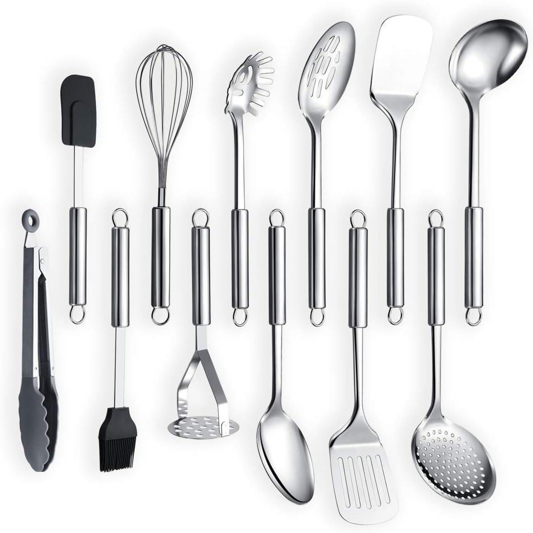Berglander Cooking Utensil Set 12 Piece Stainless Steel Kitchen Tool Set, Include Cooking Spoon, Spatula, Whisk, Cooking Tong, 12 Pieces