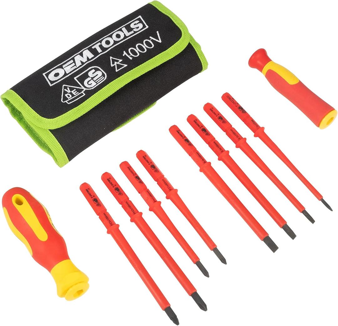 2 x OEMTOOLS 22593 10 Piece Insulated Screwdriver Set, 4 Flathead Screwdrivers, 4 Phillips Screwdrivers, Interchangeable Blades And Electrician Tool Pouch