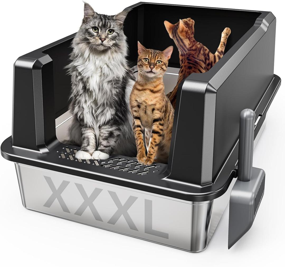 XXL Stainless Steel Litter Box with High Sides 26"x18"x12" Extra Large Metal Litter Box for Big Cats & Multiple cat, Jumbo Top Entry Litter Pan with lid (Black, XX-Large)