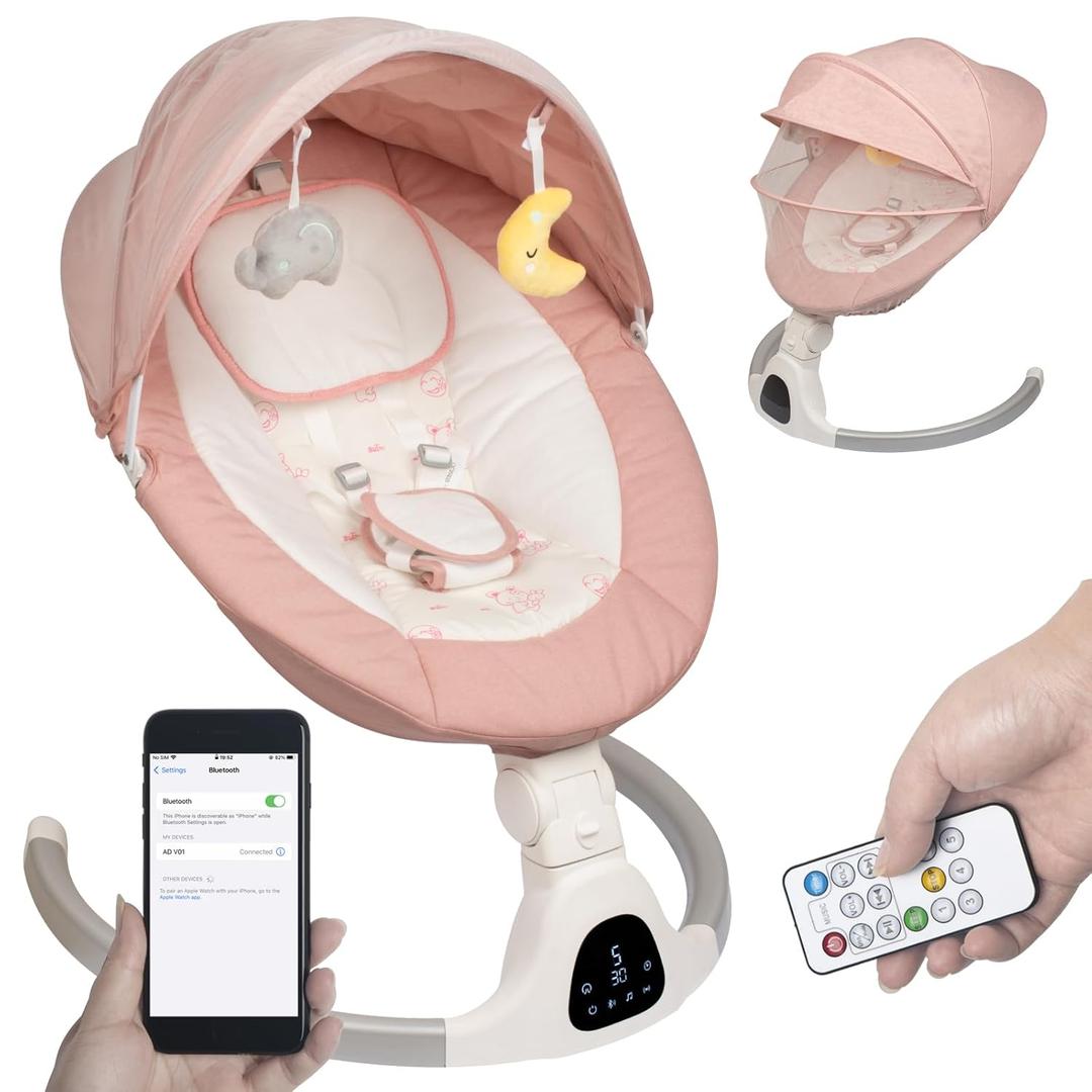Baby Swing for Infants to Toddler Portable Babies Swing Timing Function 5 Swing Speeds Bluetooth Touch Screen Music Speaker with 10 Preset Lullabies 5-Point Carabiner (Pink)