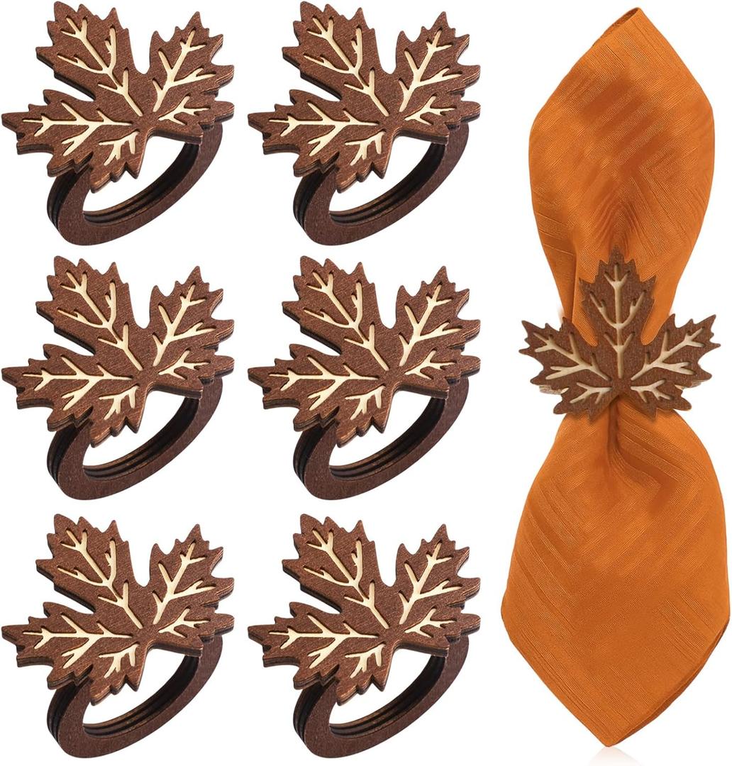 Roshtia 6 Pcs Fall Napkin Rings Wooden Thanksgiving Pumpkin Napkin Rings Handmade Brown Walnut Dinner Paper Holders for Thanksgiving Fall Halloween Party Banquet Dinner Table Decoration(Maple Leaf)