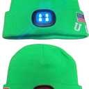 LED Beanie Hat with Rechargeable Front Light & Rear Red Safety Light - 3 Brightness Modes - USB Charging - Warm Acrylic Winter Cap with USA Logo for Running, Camping, Outdoor Work - Neon Green