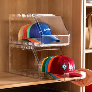 Ozueccr 2 Pack Hat Organizer for Baseball Caps  Stackable Clear Display Box with Sliding Drawer, Holds 15 Baseball Caps, Closet and Shelf Organizer for Hats, Transparent Display with Anti-Slip Feet