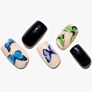 GLAMERMAID Y2K Butterfly Black Press on Nails Medium Square, Green Glossy Glitter Gel Stick on Fake Nals Short Square, Jump Color Glue 0n Nails Kit for Women, Reusable Acrylic False Nails Manicure Set, Pack 6
