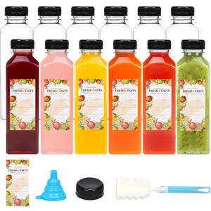 12pcs Juice Bottles, 16oz Reusable Plastic Juice Bottles with Caps and Labels, Funnel, Brush Beverage Containers for Juicing, Smoothies, Tea, Milk