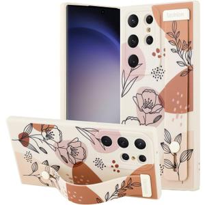 OOK Compatible with Samsung Galaxy S23 Ultra Case with Wrist Strap, White Flower Florals TPU Shockproof Protection Slim Silicone Flowers Cover with Camera Lens Protection for Women Girls, for 6.8inch